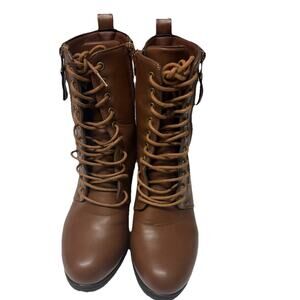 Women’s Size 8 Chunky Zip Lace Up Brown Boots Style #Lillian 3 Inch Heel
